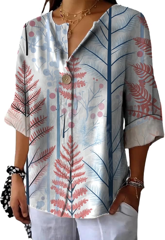 Long Sleeve Shirts for Women V Neck Button Boho Graphic Blouses Casual Collared Fashion Summer Flowing Tops