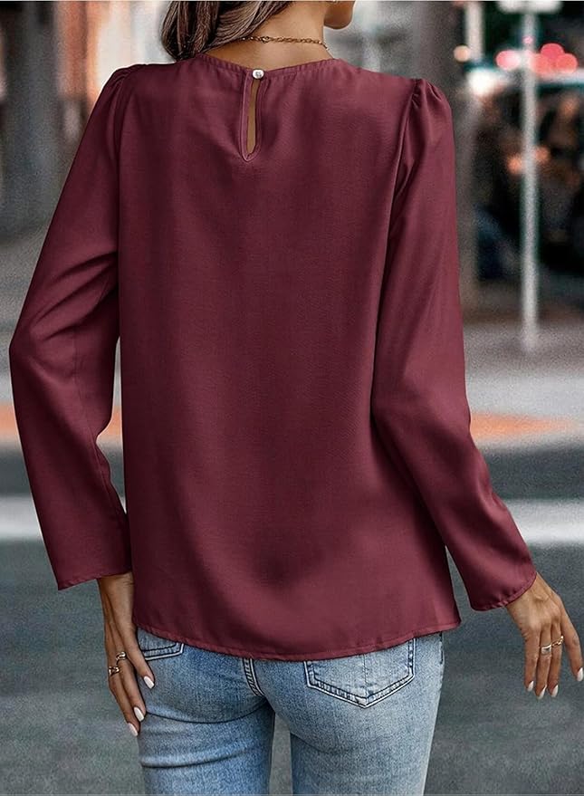 Samefar Womens Tops Dressy Casual Pleated Crew Neck Long Sleeve Shirts Office Work Chiffon Blouses