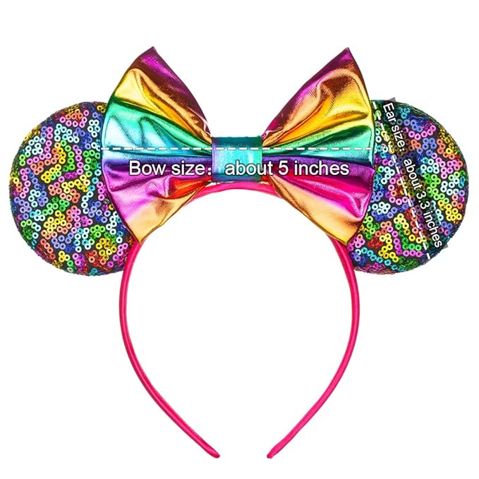 Foeran Mouse Ears Headbands Shiny Bows Mouse Ears Glitter Party Princess Decoration Cosplay Costume for Girls Women (Magic rainbow-1)