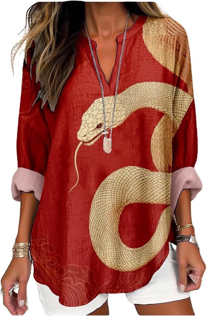 MARSVOVO V Neck Shirt For Women Boho Multi Style Blouse Long Sleeve Novelty Graphic Plus Size Pullover Tops For Women