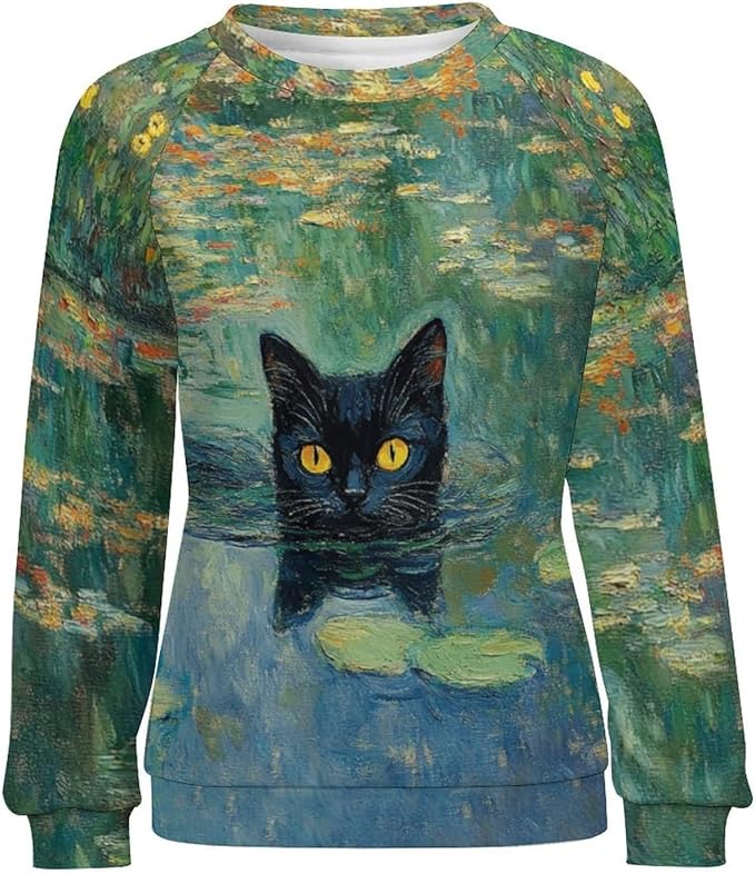 Spatofa Womens novelty funny cat printed crewneck sweatshirt casual loose long sleeve graphic pullover sweatshirts tops