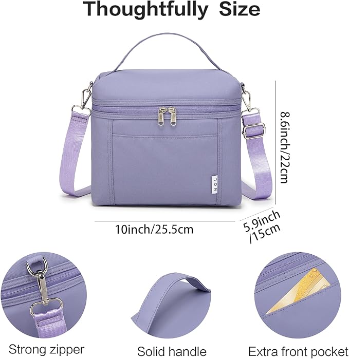 NOL Natural Organic Lifestyle Insulated Lunch Bags for Women Cooler Bag Lightweight Nylon Waterproof Lunch Box For Work (Light purple, Medium(normal))