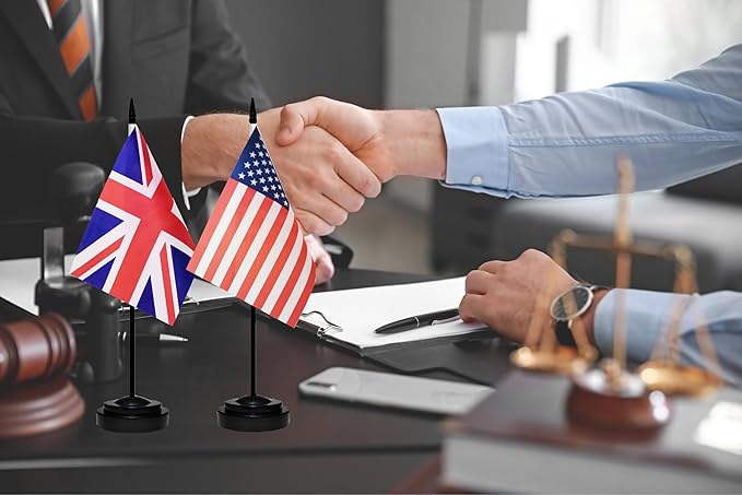 USA American & Britain United Kingdom Desk Flags, US UK Office Table Flag, Small Mini Miniature UK and US Desktop Flag With 13" Solid Black Pole, Black Base
