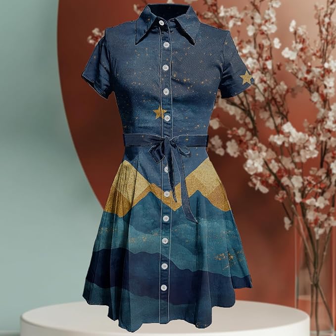 MARSVOVO Vintage Retro Shirt Dress for Women Short Sleeve Button Down Tie Waist Elegant Smocked Knee Length Dress