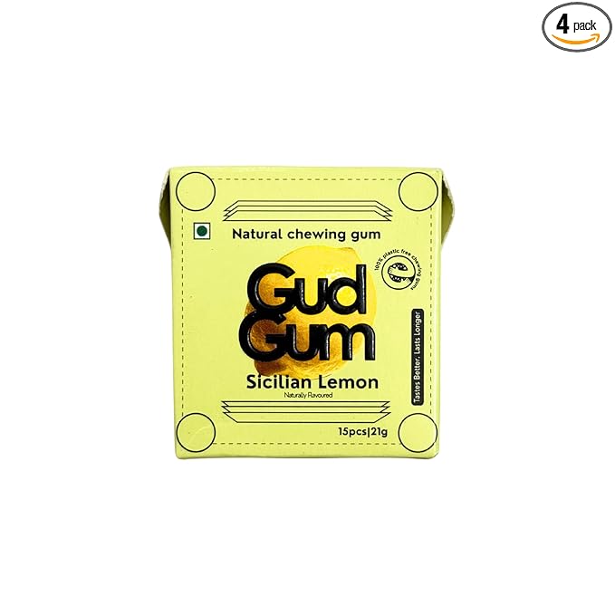 GUDGUM Natural & Sugar-Free Chewing Gum – Plastic-Free, Biodegradable, Vegan (Pack of 4, Lemon)
