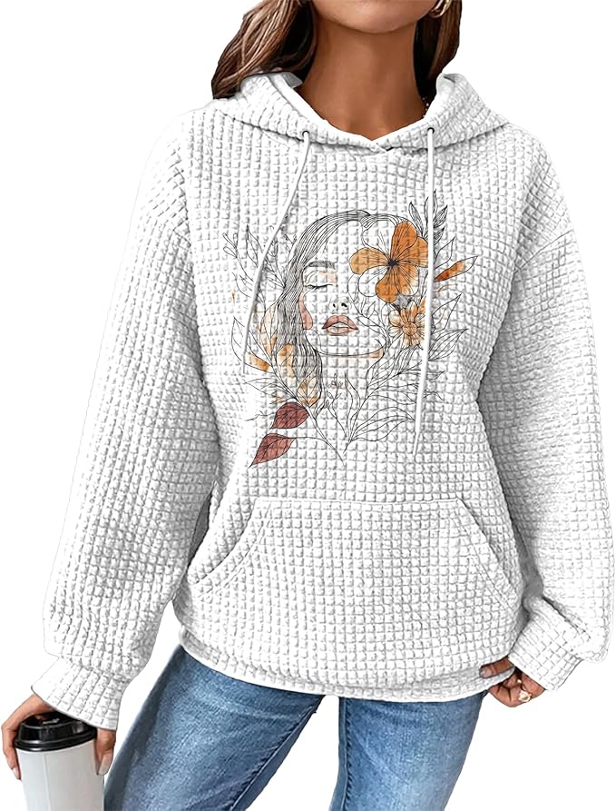 domirica Pullover Sweatshirts For Women Drawstring Long Sleeve Waffle Sweatshirt With Pocket Vintage Street Wear Qutfits