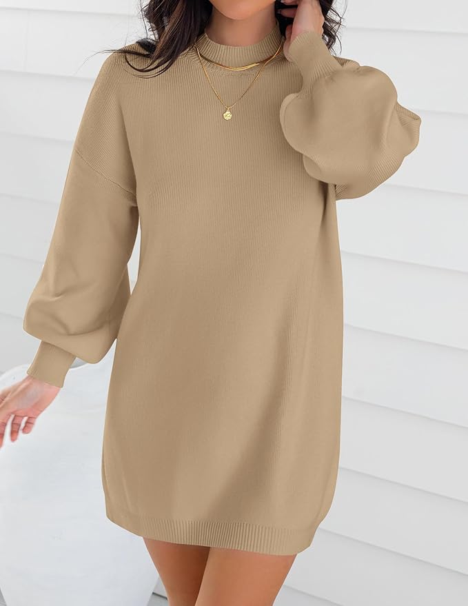 ZESICA Women's 2026 Fall Turtleneck Sweater Dress Oversized Long Lantern Sleeve Casual Knit Pullover Mini Dresses