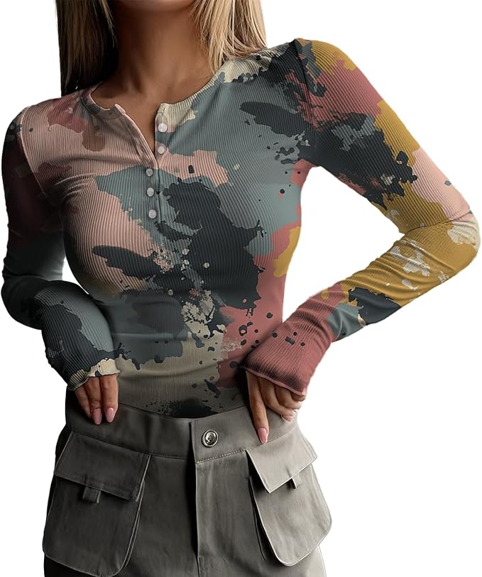 MARSVOVO Fashion Crop Tops for Women Scoop Neck Button Comfy Ribbed Slim Fit Cute Shirts Casual Party Fall Tops