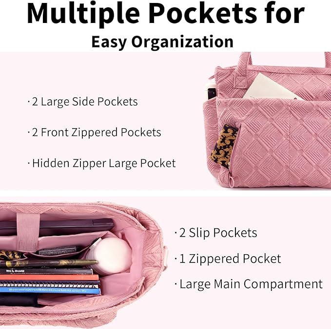 SUNRISING Tote Bag for Women, Puffy Tote Bag with Zipper, Large Quilted Shoulder Bag with Compartments for Travel Work Gym