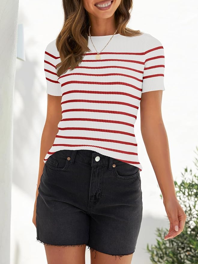 ZESICA Women's Short Sleeve Crewneck Striped T Shirt 2026 Summer Ribbed Knit Slim Fit Casual Basic Tee Tops