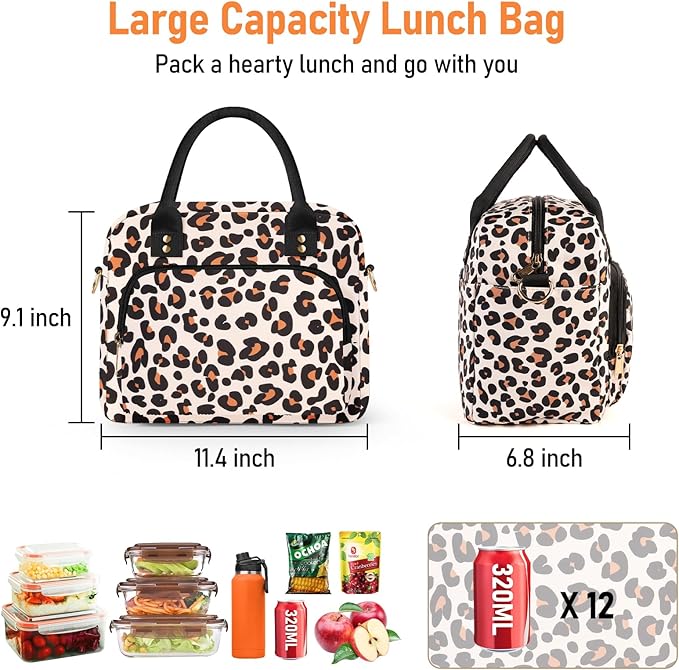 Lunch Bag Large Insulated Lunch Box for Women Adult Cute Lunchbox Lunch Bags Boxes Pail with Shoulder Strap for Work Mom Picnic Office Travel 11.4×6.8×9.1 inches 11.5L (Leopard)