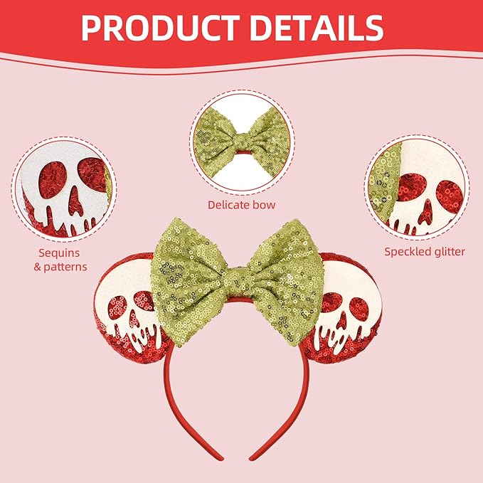 Seamoy Sequin Mouse Ears Headband,Halloween Mice Ears Hairband, Halloween Park ears Princess, Sparkle Ghost Mouse Ears Hair Accessory(Ponision Apple Red)