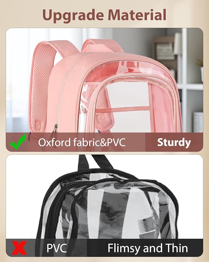 KIMNERPU Clear Backpack, Heavy Duty Transparent Bookbag for School, Fabric & PVC Transparent Backpack with Reinforced Strap for Women Men, Capacity Clear Bag for College, Travel, X-Large Pink