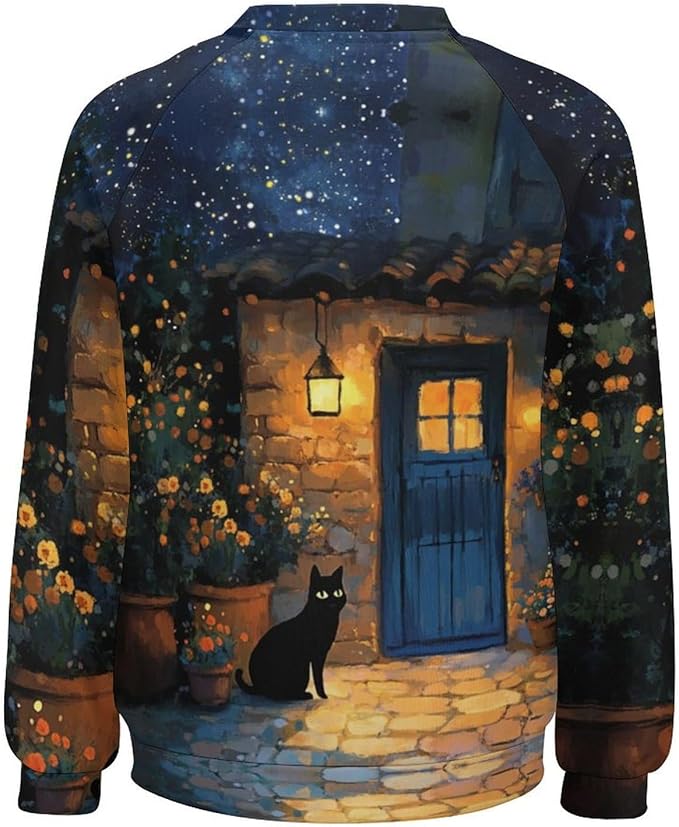 Spatofa Womens novelty funny cat printed crewneck sweatshirt casual loose long sleeve graphic pullover sweatshirts tops