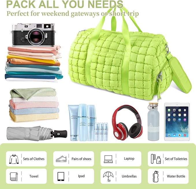 Quilted Travel Duffle Bag Gym Bag for Women,Large Puffer Duffle Weekender Bag with Compartment,Workout Overnight Carry on Organizer Bag Duffle Bag for Airplane Travel(L-Green)