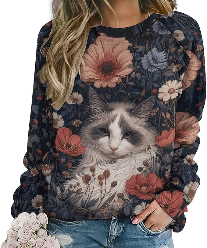 Spatofa Womens novelty funny cat printed crewneck sweatshirt casual loose long sleeve graphic pullover sweatshirts tops