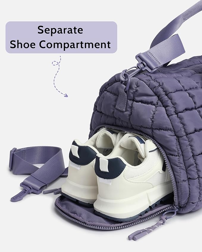 Quilted Duffel Bag for Women, Puffer Gym Duffle Bag with Shoe Compartment Lightweight Large Crossbody Sport Bag Travel Tote Mistviolet