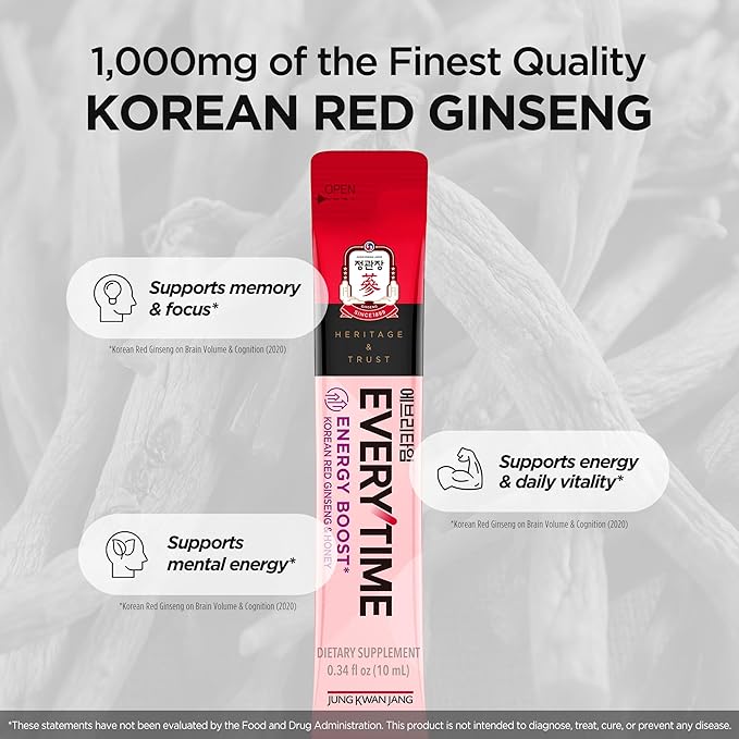 JUNG KWAN JANG Everytime Energy Boost Korean Red Ginseng Extract Stick 1,000mg & Honey - Vegan Ginseng Energy Drink Liquid Stick Supplements - Builds Stamina & Immunity No Caffeine (30 Sticks)