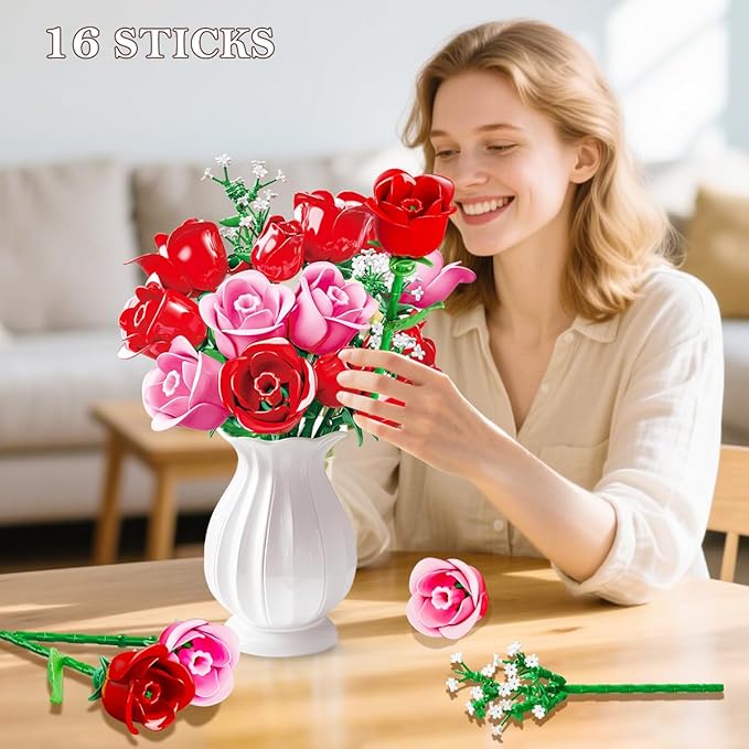 HOGOKIDS Flowers Bouquet Building Set with Lights - 16 Roses Bouquet Botanical Building Blocks Artificial Red Roses Flower for Home Decor Birthday Valentines Gifts for Adults Girl - 387PCS (Pink)
