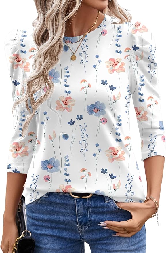 Ivicoer 3/4 Length Sleeve Womens Tops Summer Spring Tops for Women 2025 Puff Lace Sleeve Shirts Blouses