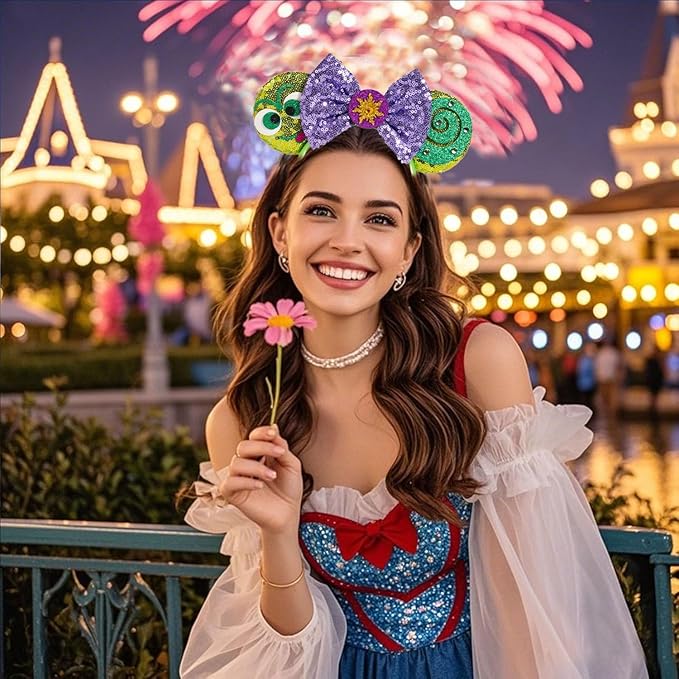 WW-WONDERFULWORLD Mouse Ears Headbands With Shiny Purple Bows & Diamond, for Girls Costume Cosplay Glitter Party, for Kids & Adult, Green; 2BQ