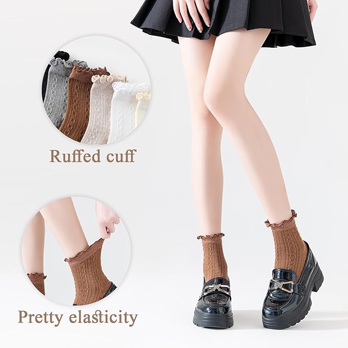 Mcool Mary Womens Crew Socks Ruffle Casual Cotton Frilly Breathable Cute Knit Lettuce Trim Dress Ankle Socks 6 Pack