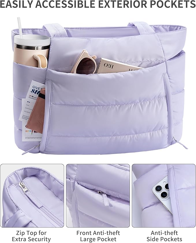 Puffer Tote Bag for Women, Lightweight Puffy Work Handbag Teacher Nurse Quilted Shoulder Bag for School Travel Gym | Quilted, with Zipper, Daily Carry On Bags, Comfy College Bags, 15.6" Laptop Sleeve, Cup Holder Pocket, Portable, Spacious