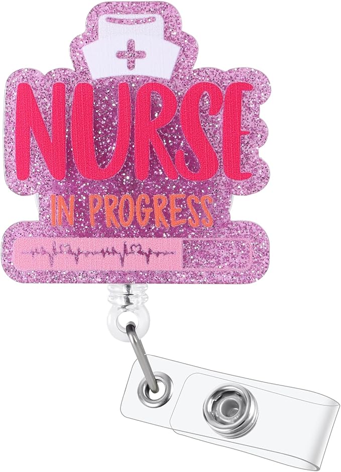 Nurse in Progress Funny Badge Reel, Pink Retractable ID Card Badge Holder, Name Tag Work Badge Clip for ICU Night Shift RN LPN CNA MA ER Nursing Student OB/GYN L&D Doctor, Cute Nurse Gifts