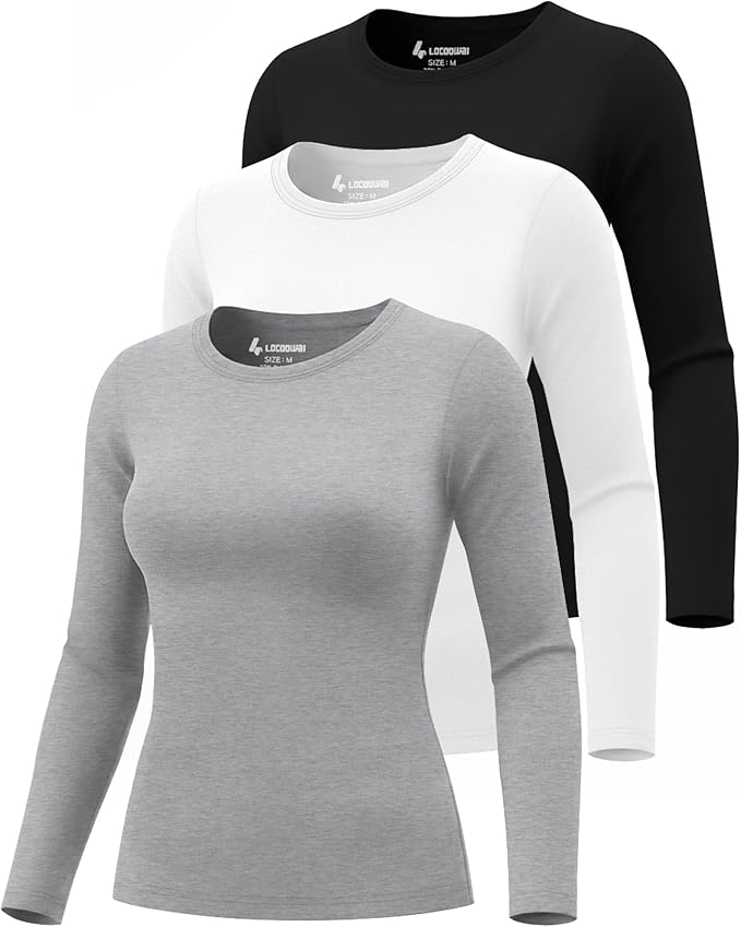 3 Pack Women's Underscrub Shirts Long Sleeve Thermal Scrub Undershirts Nurse Crew Neck Slim Fit Fleece Top Basic Tee