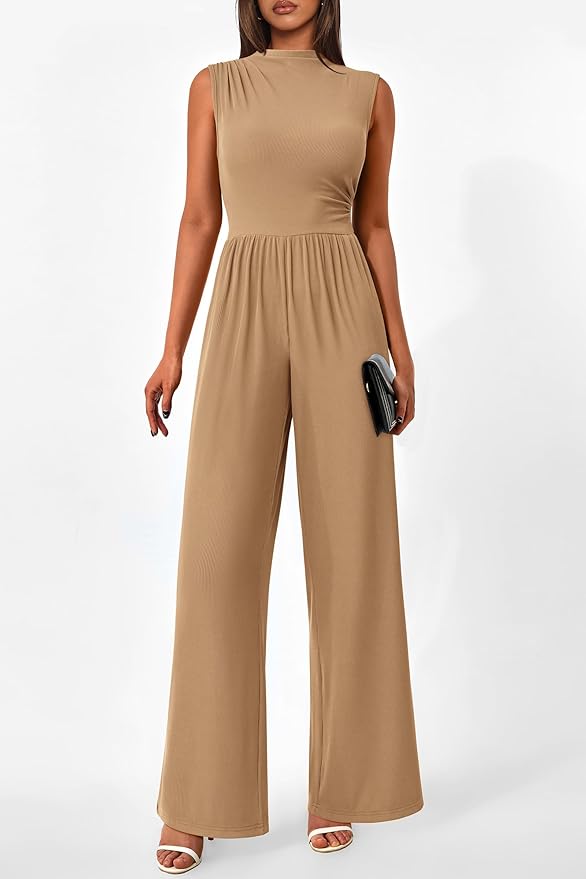 PRETTYGARDEN Womens Summer Jumpsuits Dressy Casual One Piece Outfits Sleeveless Mock Neck Wide Leg Pants Rompers with Pockets