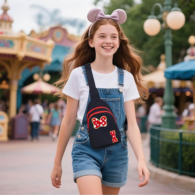 7 8 9 10 11 12 13 14 Year Old Girl Birthday Gifts, Black Initial Bow Mouse Park Small Sling Bag for Girls Daughter Women, Teen Girl Gifts Trendy Stuff Crossbody Fanny Pack Must Haves for Park Travel I