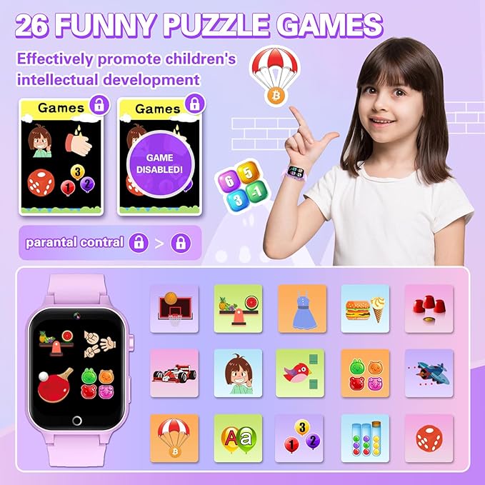 Vakzovy Kids Smart Watch Girls Gift for Girls Age 6-12, HD Touchscreen Kids Watch with 26 Games Camera Video Music Player Pedometer Educational Toys Christmas Birthday Gifts 5 6 7 8 9 10 Year Old