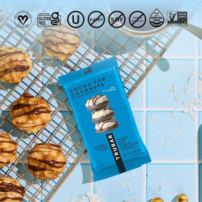 TRUBAR Vegan Protein Bar, Cocoa For Coconuts, Gluten Free, Plant Based Protein, Dairy Free, Non GMO, Soy Free, No Sugar Alcohols, 12G Protein, 12G Fiber, 23G Carb, On the Go Snack Bars, 12ct