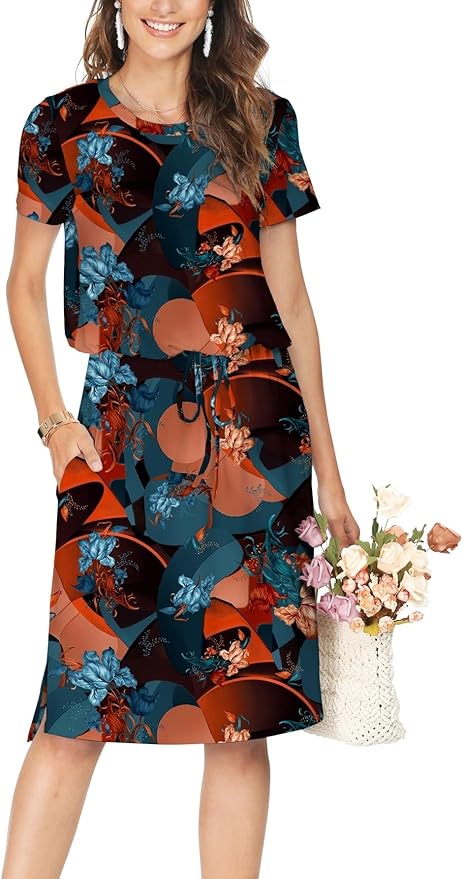 Simier Fariry Womens Spring Hide Belly Knee Length Travel Dress Pocket Summer Short Sleeve Midi Work Casual Outfits
