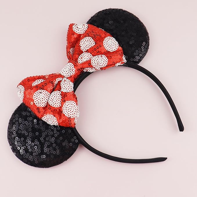 LIHELEI Mouse Ears Headband with Sequin Bows, Headbands for Kids Halloween Costume, Headwear Hair Accessories for Women Girls - Red and Black Headband-B