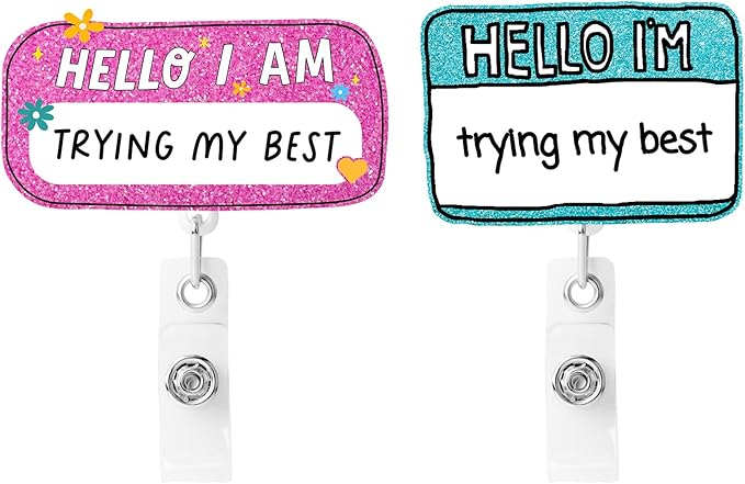 2 Pcs Hello I'm Trying My Best Acrylic Name Badge Clip - Retractable ID Holder with Alligator Clip& Nylon Cord | AcrylicClip for Nurse Nurses Office Worker Teacher Student