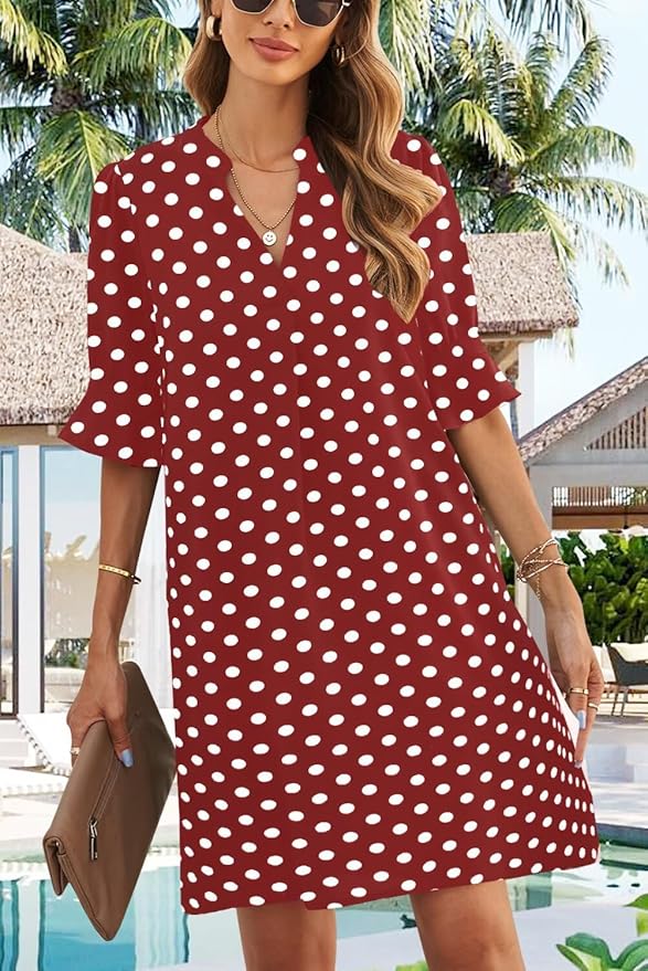 Wkior Shift Dress for Women V Neck Short Sleeves Solid Color Casual Flowy Summer Dresses(S-2XL)