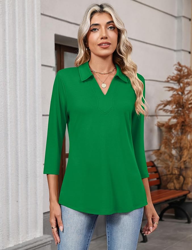 LOMON 3/4 Length Sleeve Womens Tops 2026 Spring Summer Collared Polo Shirts V Neck Casual Basic Polos Tees Shirt