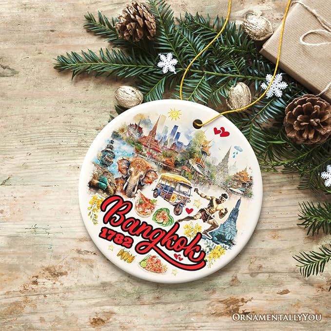 Lively Bangkok City Artistic Ceramic Ornament, Thailand Souvenir and Christmas Decor Keepsake (Circle)