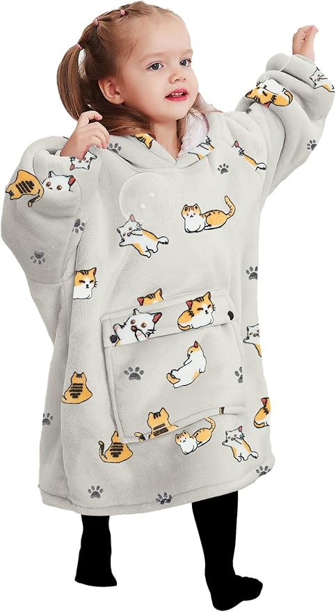 KFUBUO Wearable Blanket Hoodie for Kids Toddlers Sherpa Blanket Sweatshirt With Pocket Cute Hoodies 2-6 Year Old Girl Birthday Gifts Cat