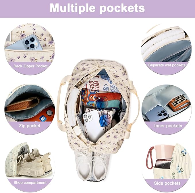 BTOOP Duffle Bag for Gym Sports Women Girls Workout Travel Bag Weekender with Shoe Compartment and Wet Pocket