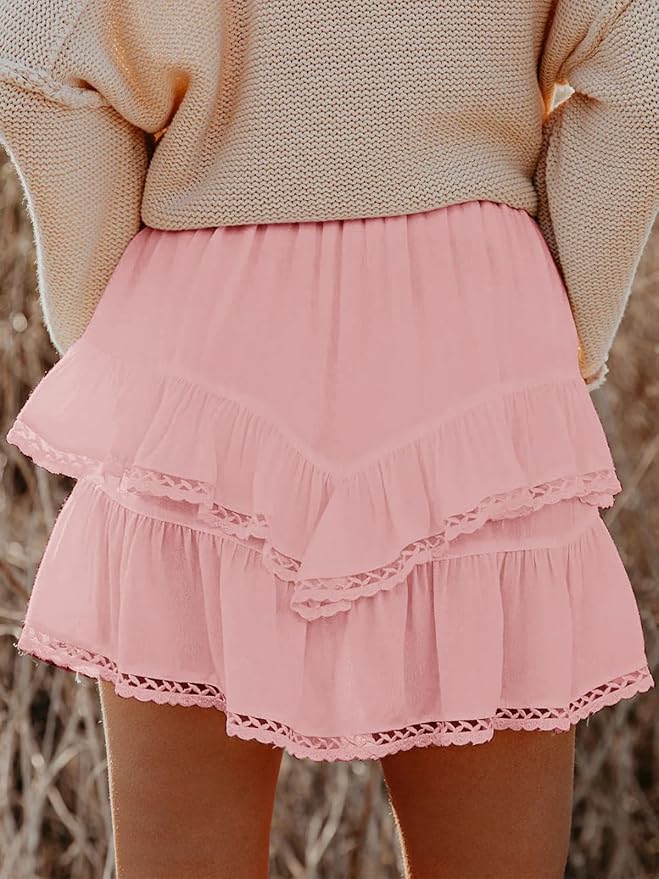 Aoudery Flowy Shorts for Women Casual Boho Ruffle Tiered Skorts High Waist Mini Skirts Golf Tennis Crochet Shorts