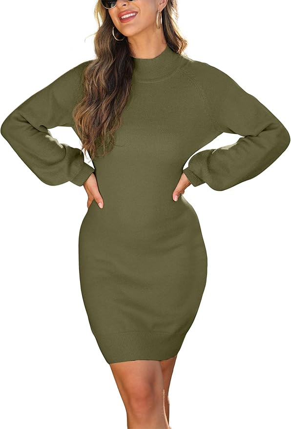 GRECERELLE 2026 Women's Mock Neck Ribbed Long Sleeve Bodycon Pullover Cute Mini Sweater Dress (XS-2XL)