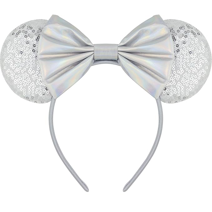 LIHELEI Mouse Ears Headband for Princess, Silver Headbands for Halloween Costume, Sequin Bows Headwear Hair Accessories -Light Blue