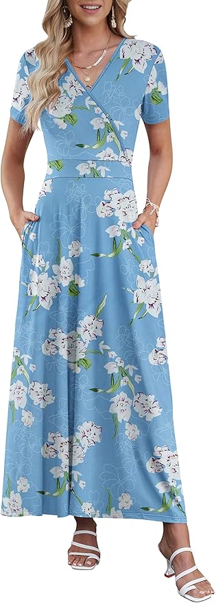 AUSELILY Maxi Dresses for Women Ankle Length Floral Print Beach Long Flowy Dress with Pockets