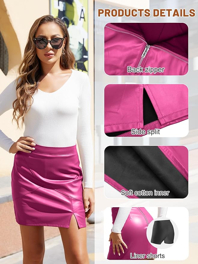 We1Fit Womens Fuax Leather Skirt High Waisted Bodycon Pencil Mini Skirts with Shorts