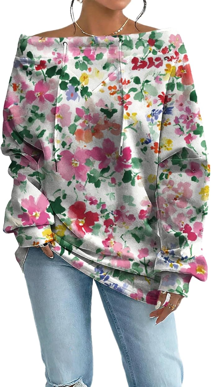 Womens Sweatshirts Floral Print Sexy Off The Shoulder T Shirts Oversized Long Sleeve Pullover Fall Tops