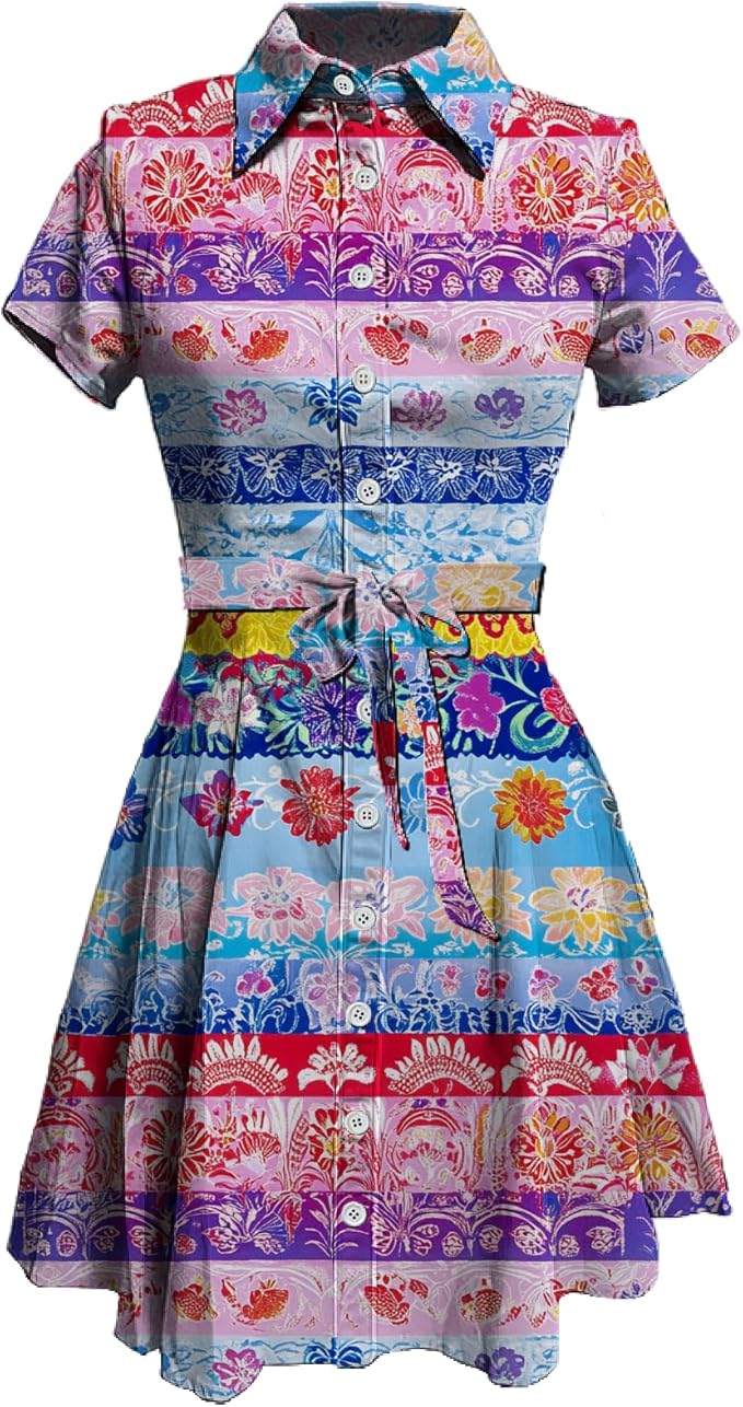 MARSVOVO Vintage Retro Shirt Dress for Women Short Sleeve Button Down Tie Waist Elegant Smocked Knee Length Dress