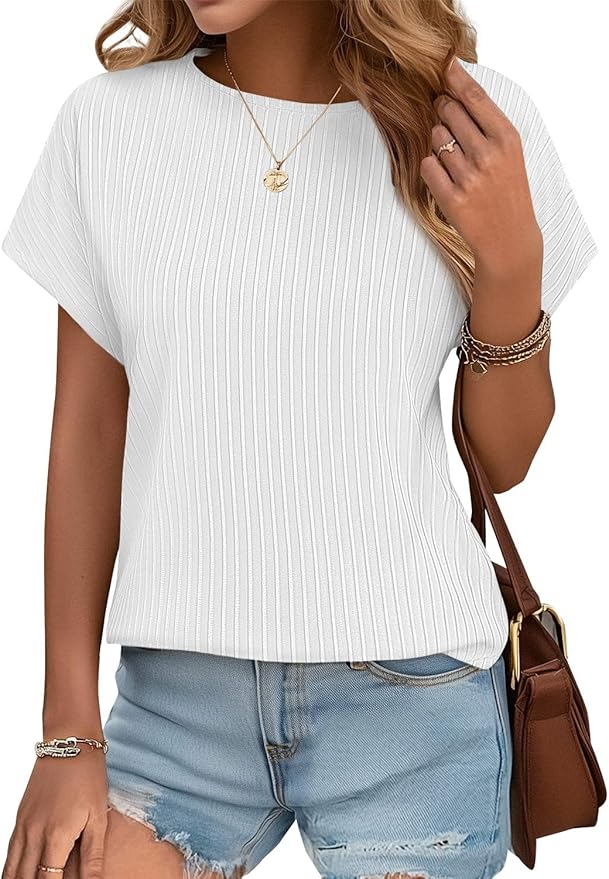 JUSTFASHIONNOW Womens Short Sleeve Blouses Business Casual Tops Crew Neck Basic Tees Textured Work Shirts Cute Office Outfits