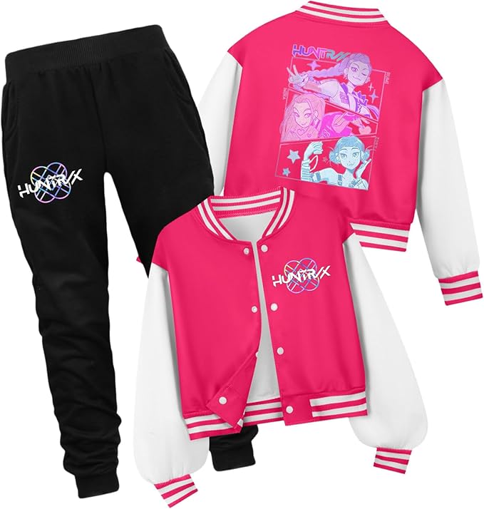 K PopGirls Kpop Tracksuit Cute Cartoon Print Baseball Coats Fashion Long Sleeve Jackets and Pants Christmas Costume Set